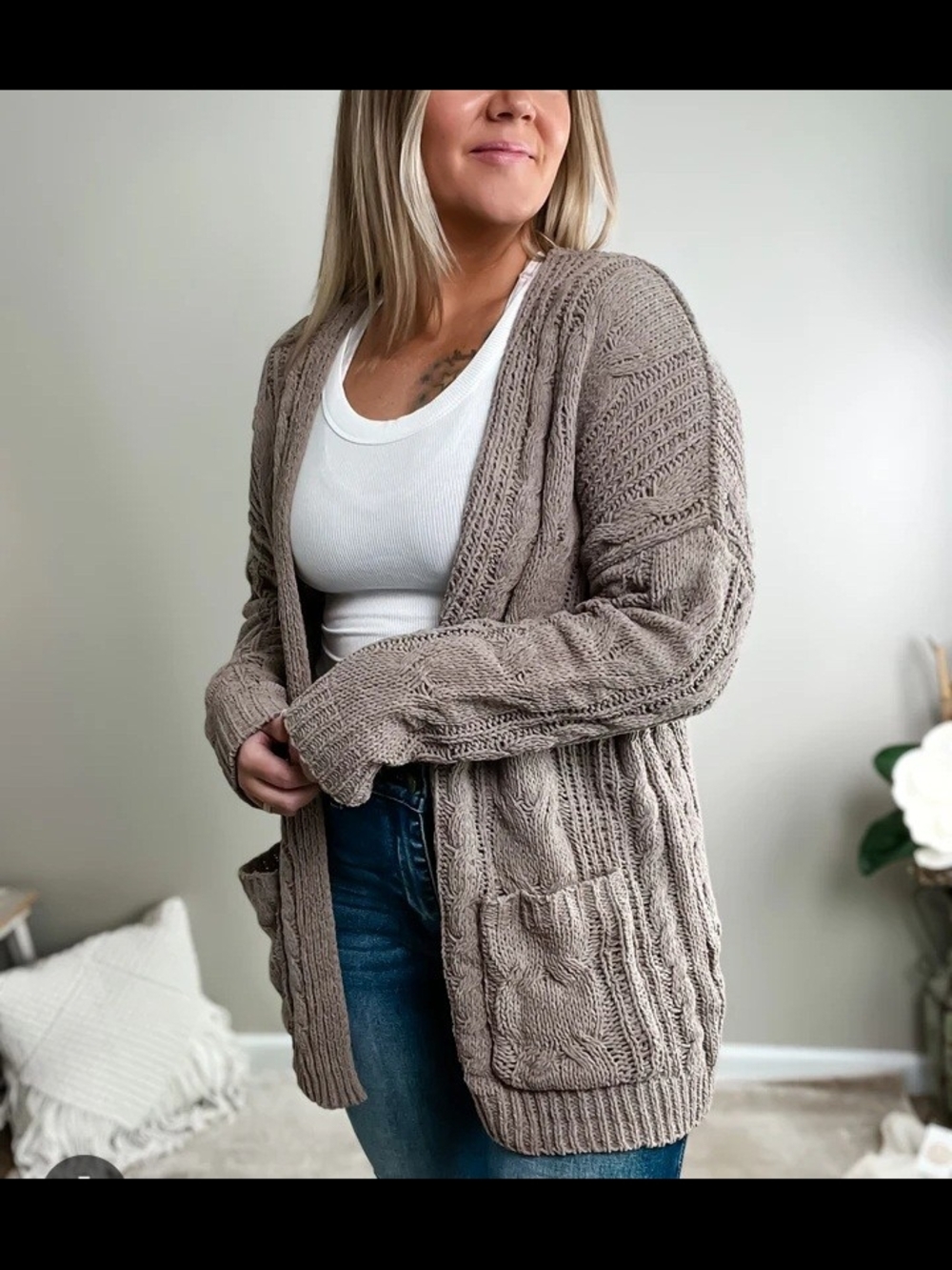 Love Tree Taupe Cable-Knit Open Cardigan
